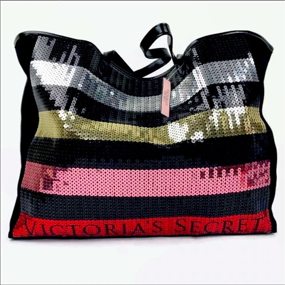 Victoria Secret rainbow signature stripe sequin bling large XL tote bag NWT/NIP